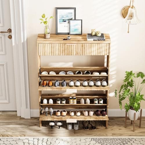 DAMCROP Modern Flip Shoe Cabinet with Drawer, Freestanding Entryway Shoe Storage for Small Spaces, Wave Panel Design, MDF Engineered Wood 8