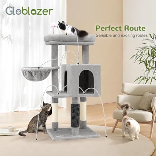 Globlazer Cat Tower for Indoor Cats | 46-Inch Sturdy Cat Condo for Multiple Adult Cats with Multiple Large Platforms, Hammock, and Anti-Tip Kit | Premium Quality Materials, F46B, Light Grey 7