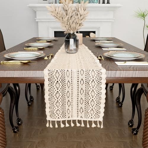IVAPUPU Boho Table Runner with Tassels,Burlap Table Runners 72 Inches Long Room Decor Aesthetic Rustic Farmhouse Summer Decorations for Living Room Beige and Brown Patchwork (12x72 Inches) 5