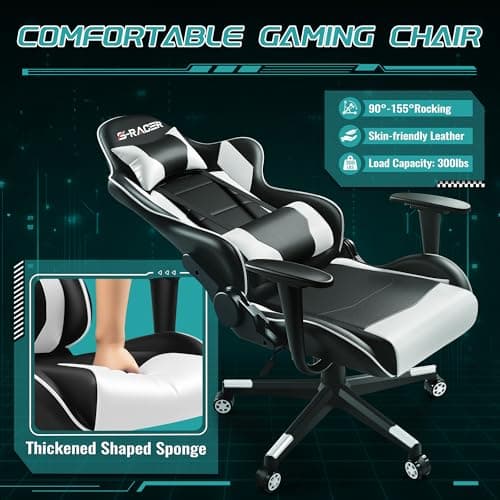 Furniwell Gaming Chair PU Leather Office Chair High Back Computer Desk Chair Adjustable Swivel Racing Executive Leather Ergonomic Task with Headrest and Lumbar Support (White) 6