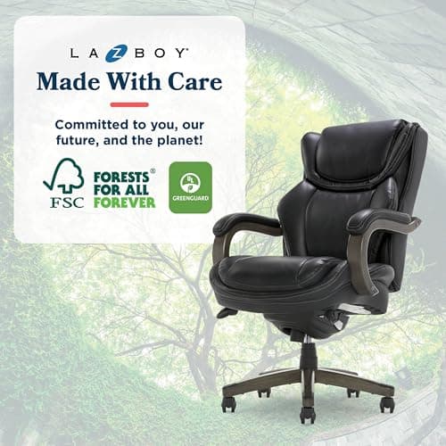 La-Z-Boy Harnett Big and Tall Executive Office Chair, Ergonomic High-Back Chair with Solid Wood Arms, ComfortCore with Memory Foam Cushions, Bonded Leather, Black 13