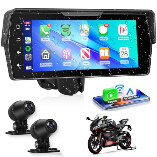 Motorcycle Front+Rear Dash Cam,6.86 inch IPS 1280x480P Touch Screen,1080P Motorcycle Camera DVR,Wireless Carplay&Android Auto,GPS,IP67 Waterproof,120°Wide,Bluetooth5.0,TF,PhoneLink for Motorbike