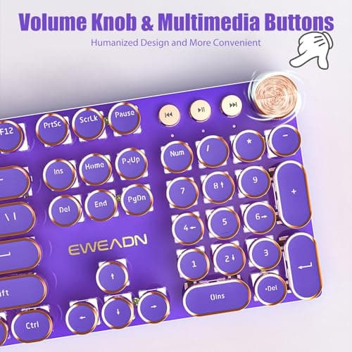 TISHLED Typewriter Style Mechanical Gaming Keyboard White LED Backlit 104-Key NKRO Pink Switches Retro Round Keycaps Golden Ring Volume Knob Metal Panel Wired USB-C Detachable Cable, Purple 5