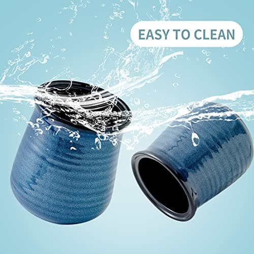 HASENSE Large Utensil Holder Crock for Kitchen Counter, 7.1" Ceramic Cooking Utensil Organizer for Countertop, Farmhouse Vintage Utensil Caddy for Spatula Spoon, Rustic Home Table Decor, Blue 6