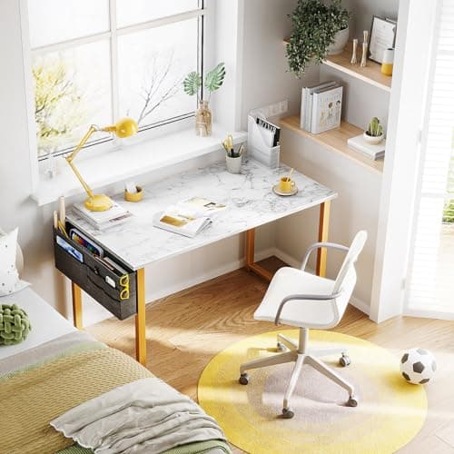 ODK Computer Desk, 40 Inch Small Study Desk, Office Desk with Storage, Work Table with Headphone Hook for Small Space Home Office, White Marble + Gold Leg 5