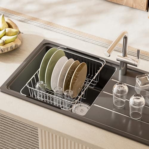JAQ Dish Drying Rack in-Sink, 304 Stainless Steel Dish Drainer with Stainless Steel Silverware Holder Over Inside Sink-Adjustable 15.08" to 22.4" Maximium 13 Upright Dishes 6