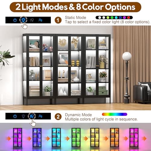 UNICOLY Display Cabinet with Glass Doors, Glass Display Cabinet with 8 Color LED Lights, Curio Display Cabinet with 3 Shelves for Living Room, Plant, Display Shelf, Assembly Required, Black 5