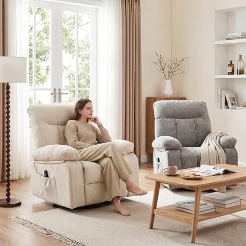 DUMOS Rocker Recliner Chair, Swivel Recliner with Vibration Massage & Lumbar Heating, 270° Rotating Chenille Fabric Recliner with footrest for Living Room & Bedroom, Grey 8