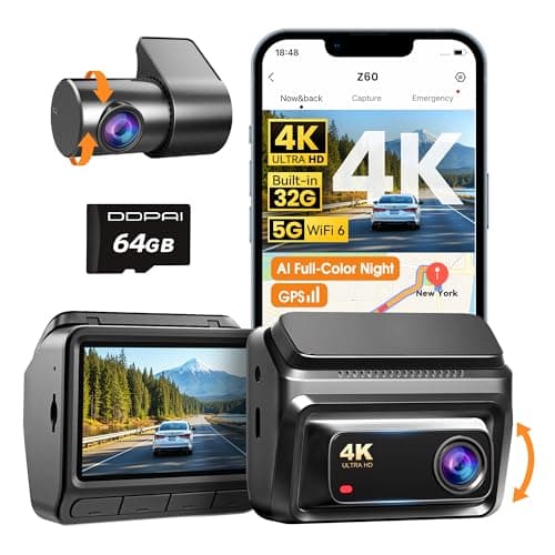 DDPAI 4K Dash Cam Front and Rear, Built-in 32G eMMC Dual Dash Car Camera,64GB Card Included Dashcam,Night Vision Dash Camera,5GHz WiFi, 7 Days Parking Mode,GPS,3" IPS, ADAS, WDR, Support 512GB,Z60