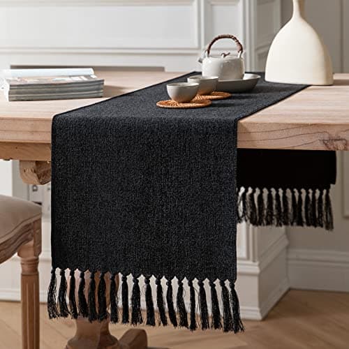 ZeeMart Black Table Runners 36 Inches Long, Burlap Linen Style Rustic Farmhouse Table Runner, Small Short Boho Coffee Table Runner, 13x36 Inches, Black
