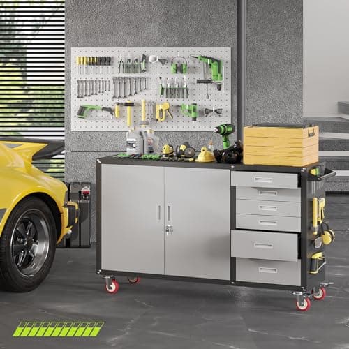 Rumetol 55"W Heavy Duty Rolling Workbench with Drawers and Storage,1000 LBS Capacity Work Bench with Lockable Cabinet & Adjustable Shelf,Garage Workbench with Pegboard & Wheels for Garage/Repair Shop 8