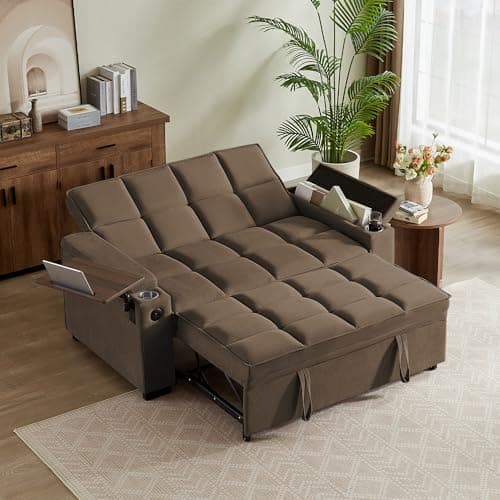 hansones 65'' 3-in-1 Folding Convertible Sofa Bed, Pullout Sofa, Modern Chenille Fabric, 360° Swivel Side Table, Easy Assembly, Perfect for Living Room(ZY-1107A-Brown)