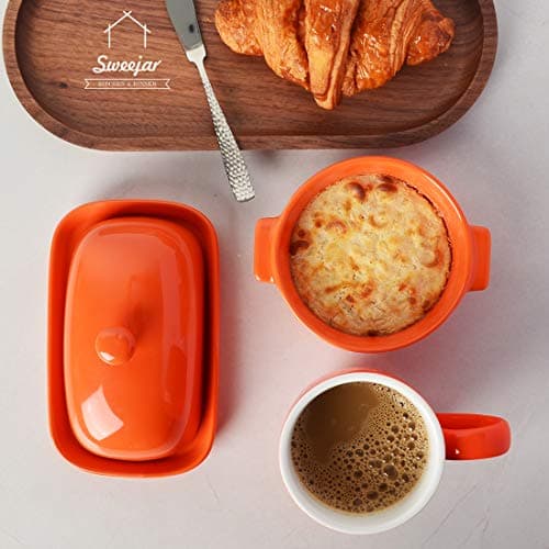 Sweejar Ceramic Butter Dish with Lid for Countertop,Porcelain Butter Keeper with Knob Handle,Butter Container for East/West Coast Butter, 7 inches (Orange) 6
