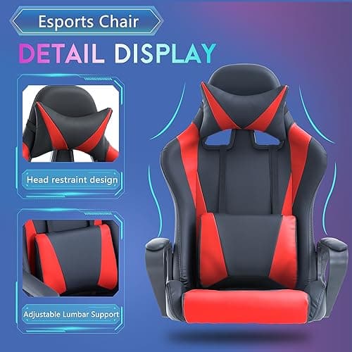 PayLessHere Ergonomic Racing Desk Chair Gaming Chair Computer Chair with Armrests 360° Swivel & Caster Pu Desk Task Chair Executive Headrest Lumbar Support for Back Pain Women Men and Adults (Red) 6