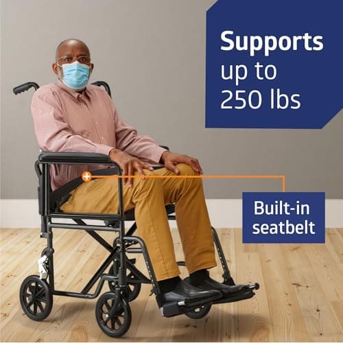 Medline Transport Wheelchair Lightweight Foldable for Adults, 17" Wide Seat Portable Transport Chair for Seniors, Swing-Away Footrests, 250 lb, Black 3