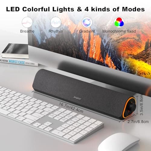 SOULION R50 Bluetooth Computer Speakers, 3.5mm PC Sound Bar for Desktop Monitor, Wired USB Powered & Colorful LED Lights with Switch Button, Surround Sound Soundbar PC Spearkers for Computer 5
