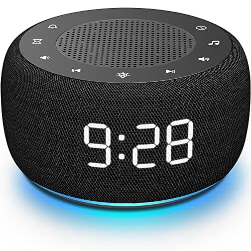 Buffbee Sound Machine & Alarm Clock 2-in-1, 0-100% Clock Face Brightness, Bottom Colored Light, Sleep Timer, Precise 30-Level Volume Control White Noise Machine