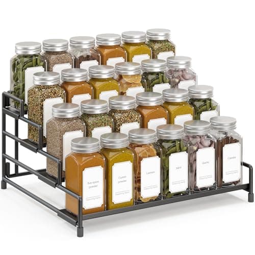 RUILALIFE 4-Tier-Spice-Rack-Organizer-for-Cabinet, Adjustable Depth Spice Holder Shelf For Countertop Pantry Cupboard, Metal Tiered Seasoning Organizer,Display Shelf Riser (Black-1 Pack)