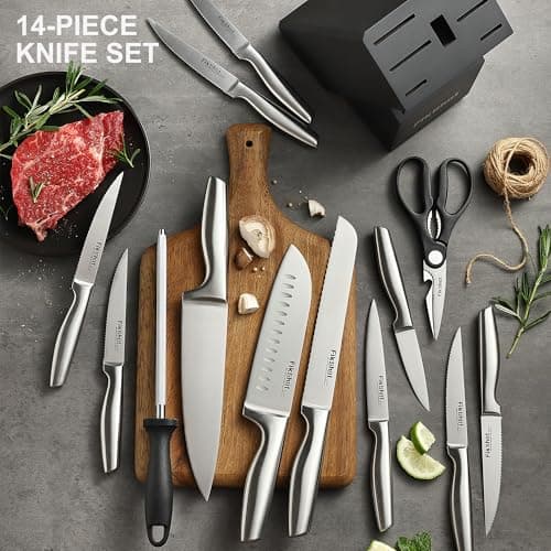 FIKSHOT Kitchen Knife Set, Including Knife Block Set and Sharpener - Made of High Carbon Steel, Rust-Resistant, Ergonomic Handle, Suitable for Cooking, Grilling and Gifting 8