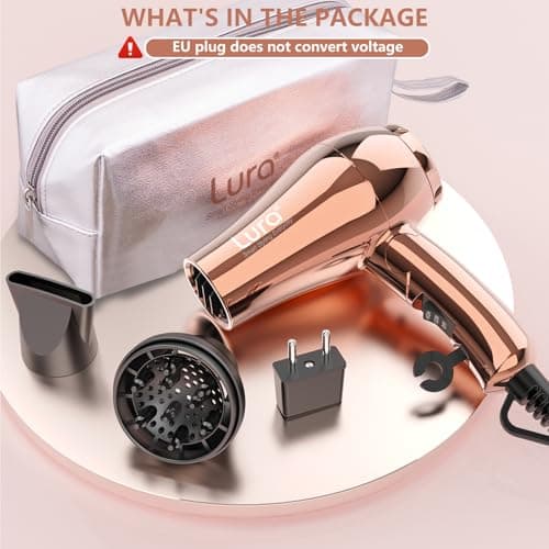 LURA Mini Portable Travel Hair Dryer:Dual Voltage Small Lightweight Blow Dryer with EU Plug,1200W Compact Hairdryer with Folding Handle,with Concentrator&Diffuser Attachment,for Women and Men 7
