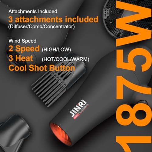 Hair Dryer - 1875W Negative Ionic Blow Dryer for Fast Drying, Low Noise Thermo-Control Hair Dryer with Nozzle, Black 9