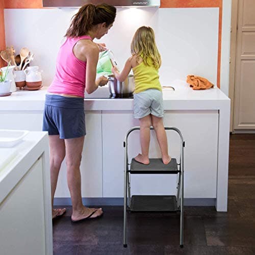 Delxo 2 Step Stool Folding Step Ladder Two Stepstool with Handrails,Heavy Duty Sturdy Small Compact Ladder Portable Anti-Slip Safety Kitchen Stepladder Metal 2ft Folding Step Stools for Adults (Grey) 5