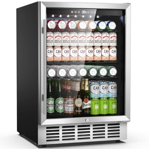 Mojgar 24 Inch Beverage Refrigerator, 190 Cans Built-in/Freestanding Beverage Cooler, Digital Memory Under Counter Beer Fridge with Glass Door, Safety Locks, Removeable Racks (Glass Door)
