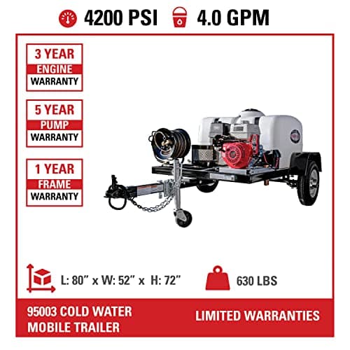 SIMPSON Cleaning Trailer-Mounted 4200 PSI Gas Pressure Washer, 4.0 GPM Gas Power Washer, Electric Start Honda Engine, Cold Water, 150-Gallon Water Tank, 100-ft. Hose, 49-State 3