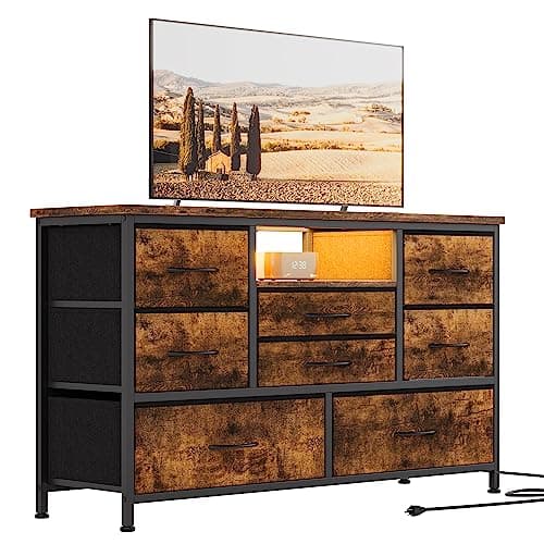 Jojoka 8-Drawer LED Dresser TV Stand with Power Outlet for 55'' TV - Wide Storage Chest for Bedroom, Living Room & Entryway, Wood Top Console Table with 22 Light Modes
