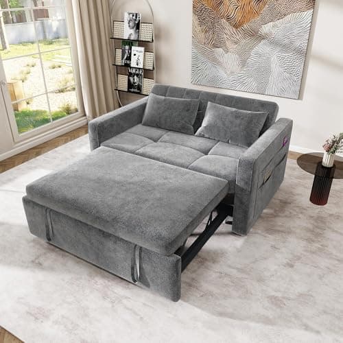 YITAHOME 55" Convertible Sofa Bed, Cat-Scratch-Proof Sleeper Sofa with Pull-Out Bed, 3-in-1 Futon Couch with Reclining Backrest and Side Pocket, Modern Loveseat for Living Room, Grey, Full Size
