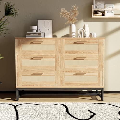 CCF Rattan Dresser for Bedroom,Modern 6 Drawer Double Dresser with Gold Handles Boho Rattan Chest of Dressers Beside Table for Closet, Living Room and Entryway 43.4'*31.5'*15' Oak