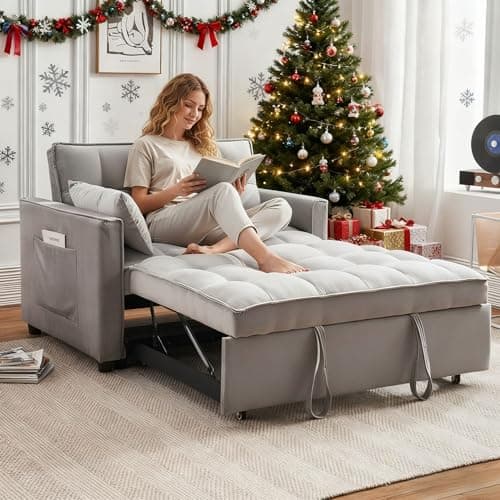 FENFSHE 3-in-1 Loveseat Sleeper Sofa, Modern 55.5" Pull Out Couch, Velvet Upholstered Futon Sofa Bed with Adjustable Backrest, Convertible Sofa Bed with Storage Pockets for Living Room(Light Grey) 8