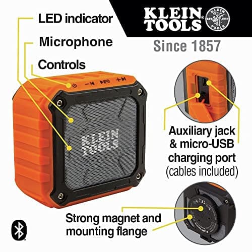 Klein Tools AEPJS1 Bluetooth Speaker, Wireless Portable Jobsite Speaker Plays Audio and Answers Calls Hands Free, IPX5, Worksite Ready 5