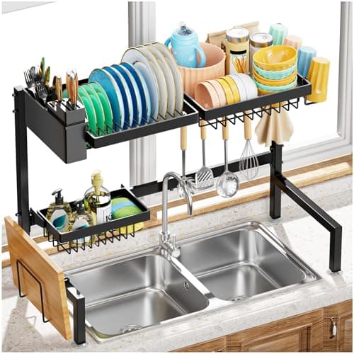 YKLSLH Over The Sink Dish Drying Rack 2 Tiers, for All Sinks (26.57"-35"),Expandable Large Capacity Sink Rack, Metal Drying Rack for Kitchen and Family Use