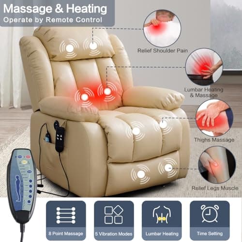 COCOLHOME Infinite Position Power Lift Chair Lay Flat Recliner Dual Motor Sleeper Chair with Massage and Heating for Elderly, USB Ports and Remote Control, Leather(Beige) 5