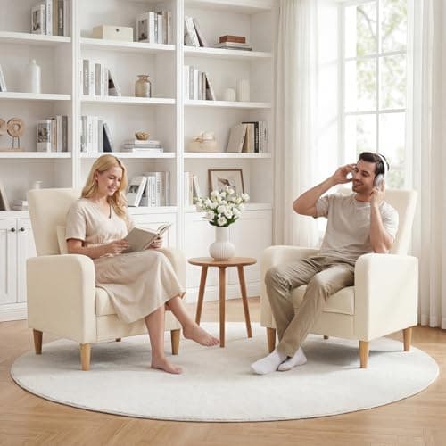 COLAMY Mid-Century Modern Upholstered Accent Chair with Back Pillow & Solid Wood Legs, Fabric Cozy Armchair for Living Room, Bedroom, Reading Nook, Apartment & Small Spaces, Beige 9