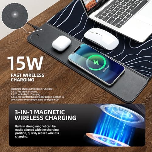 VOVIPO 3 in 1 Wireless Charging Mouse Pad, Gift for Dad/Office Manager,Wireless Charger Compitable with iPhone/Watch/airpods. Wireless Charging Desk Mat 90 x 40cm,Black Topographic Computer Desk Pad 6