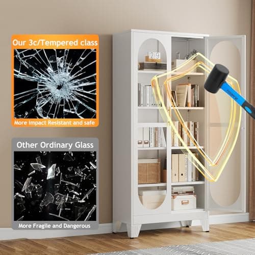 PAOFIN 71" H Locking Display Cabinet with Glass Door, Metal Curio Cabinets with 4 Adjustable Shelves, Tall Liquor Cabinet Display Case for Living Room, Collectibles, Home - Assembly Required White 5