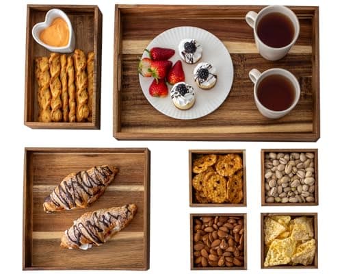 7-Piece Acacia Wood Tray Set, Varied Sizes – Elegant Serving Collection for Parties & Entertainment - Platters, Snacks, Nuts, Patio, Ottoman, Dinner or Coffee Table or Personal Organization