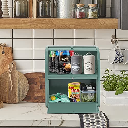 Pitmoly Stainless Steel Bread Box, 2 Layer Roll Top Bread Boxes, Large Capacity Food Storage Container for Kitchen Counter, Metal Bread Bin, Bread Holder for Countertop 11.8" x 9.6" x 12.8" (Green) 7