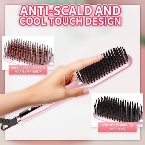 Hair Straightener Brush Straightening Brush Ceramic 2-in-1 Ionic Straightening Brush with Anti-Scald Feature,MCH 20s Fast Heating up, 170℉-450℉,LCD Display, Dual Voltage 5