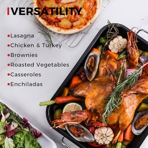 HONGBAKE Small Roasting Pan with Flat Rack for 15 Lb Turkey, 16 X 11.5 Inch Nonstick Chicken Roaster Tray for Oven, Baking Pans for Cooking Lasagna with Stainless Steel Handles 6