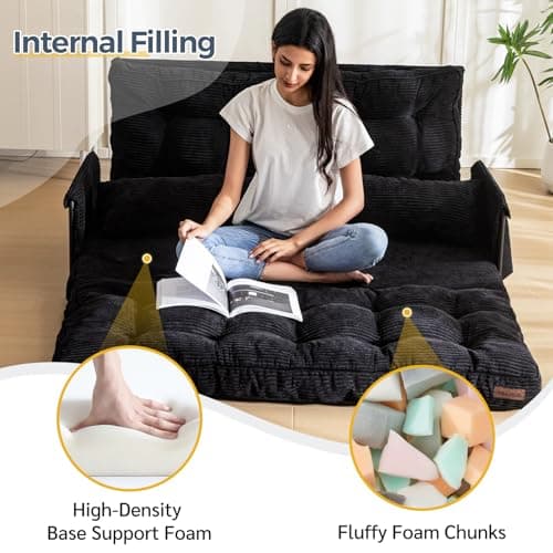 MAXYOYO Adjustable Floor Sofa Couch with 2 Pillows, Multi-Functional Bean Bag Bed, 5-Position Foldable Lazy Sofa Sleeper Bed with Armrest, Versatile Floor Seating for Reading, Black, Double 5