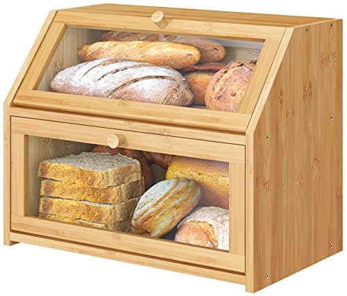 Vriccc Large Bread Box,Bamboo Wood for Kitchen Counter, Corner Bread Box, Large Capacity Bread Storage Bin