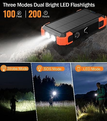 GOODaaa Portable Charger 42800mAh Built in 4 Cables and Thermometer 15W Fast Charging Power Bank Five Outputs Three Inputs Solar Charger Power Bank, SOS/Strobe/Strong Flashlights, Carabiner 6