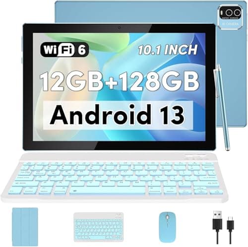 IWEGGO Android 13 Tablet, 10 Inch 12GB RAM+128GB ROM/ 2TB Expandable Tablet, 2.0GHz Quad-core Processor, 1280*800 HD Touch Screen, 5G WiFi6 BT 5.0, 2 in 1 Tablets with Keyboard Case Mouse Stylus Blue