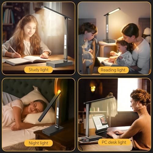 Power Strip with LED Desk Lamp: Table Lamp with Charging Station - 2 Outlets 1 USB-A Ports 1 Type-C Ports, Surge Protection and Led Display, 5ft Extension Cord, 5 Color Modes 5 Brightness 9