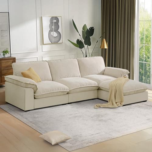 HALLYBEE Modular Sectional Sofa Deep Seat Cloud Couch with Reversible Chaise L Shaped Couch with Padded Armrests Chenille Sectional Sofas for Living Room Apartment Office Beige
