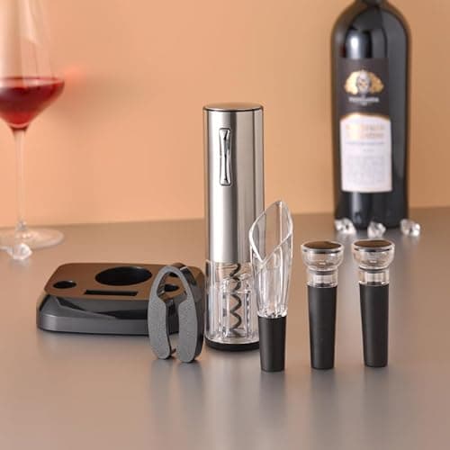 Electric Wine Opener Set (6-in-1) Include: Rechargeable Electric Wine Opener, Foil Cutter, Tulip Wine Aerator & Pourer, Wine Stopper*2, Charging Base & Cable, Manual Book, Color Box. 7