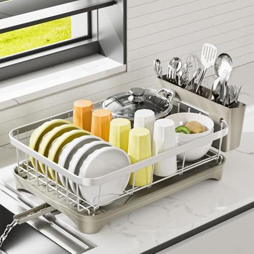 arshray Stainless Steel Dish Drying Rack – 304 Grade Dish Racks for Kitchen Counter with Utensil Holder & Adjustable Spout, Space-Saving Organizer, 16.5" x 11.8" x 5.3" Grey